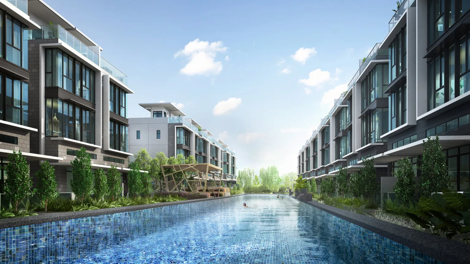 Belgravia Ace 50m lap pool running between the freehold semi-detached house rows at Belgravia Drive