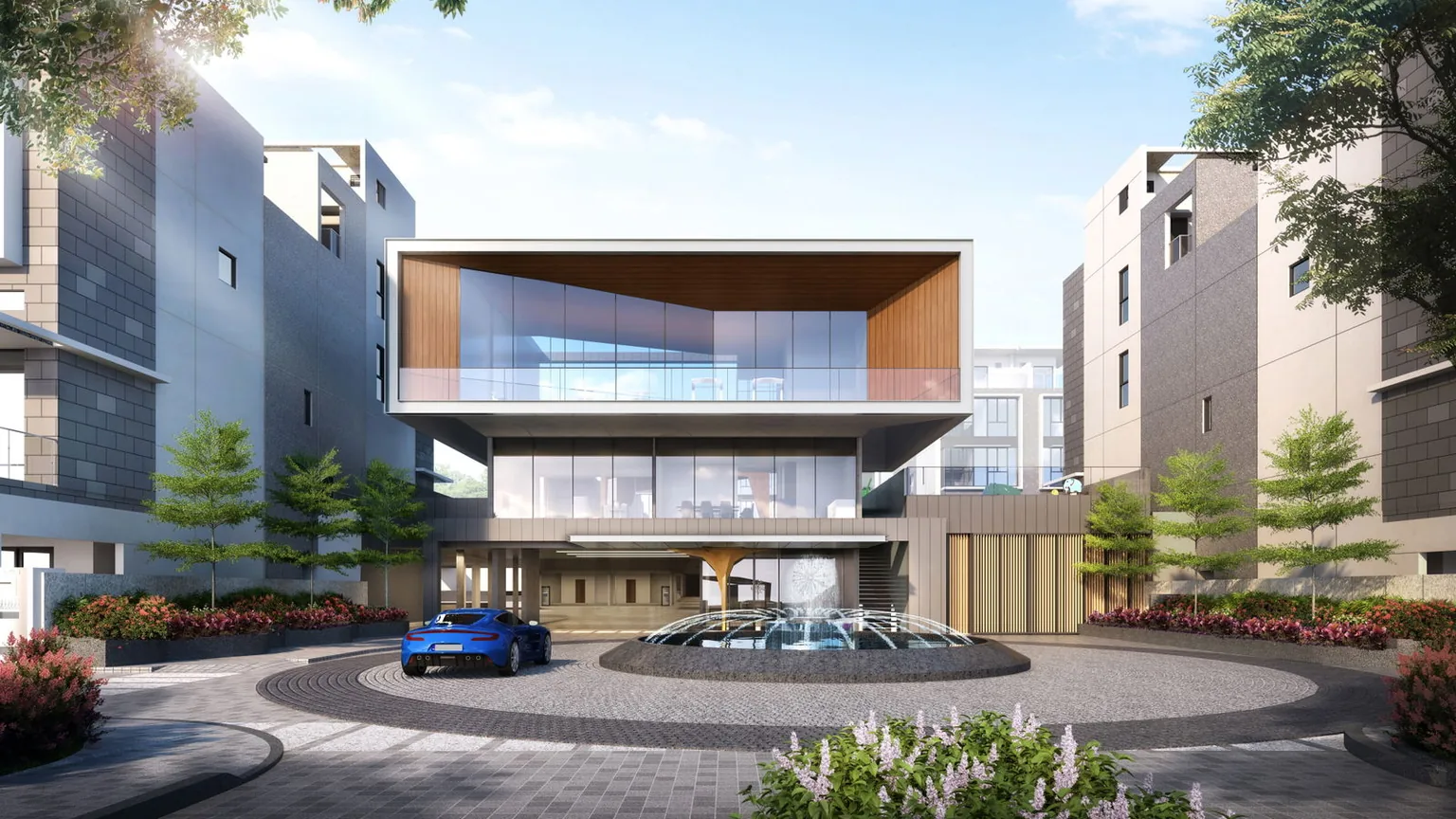 Belgravia Ace arrival drop-off point with the two-storey clubhouse and fountain roundabout