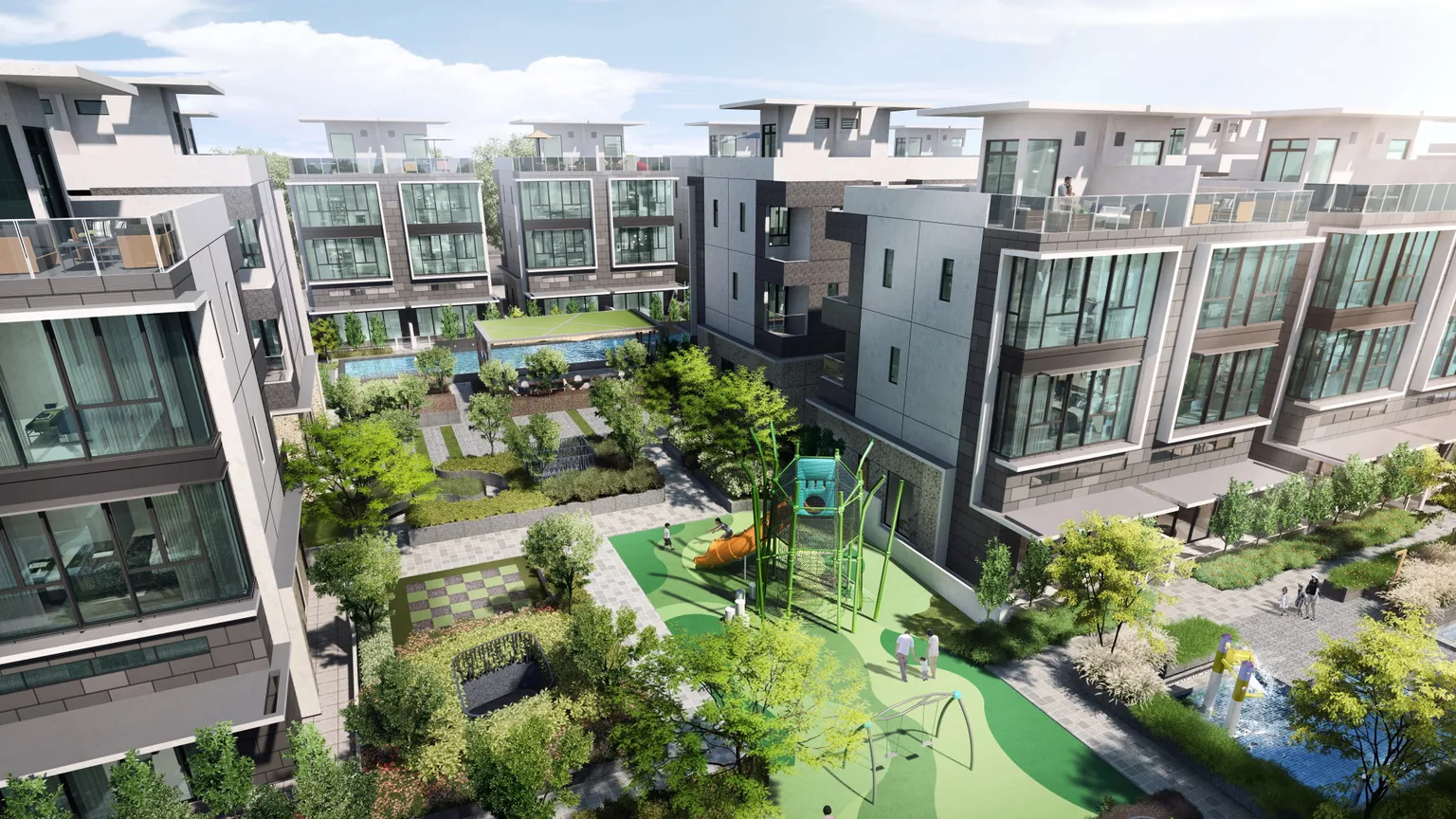 Aerial view of Belgravia Ace freehold strata landed houses around the central playground and garden zones