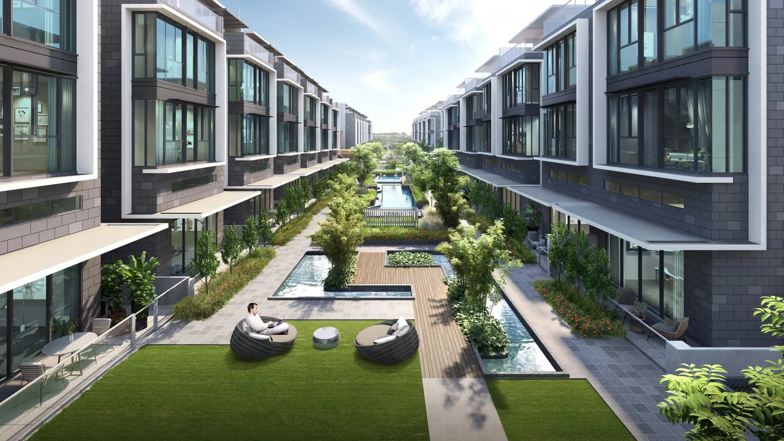 Belgravia Ace semi-detached houses facing the landscaped water axis and lawn in Seletar, Ang Mo Kio