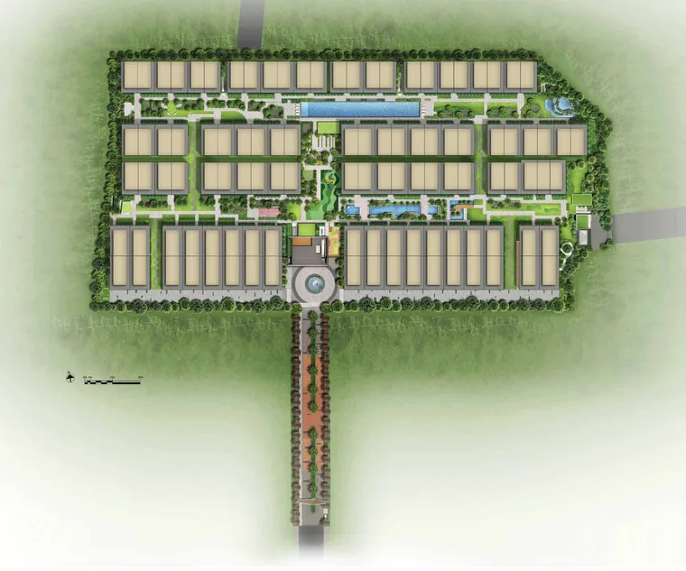 Belgravia Ace site plan showing house rows, the eight garden zones and the numbered facilities legend